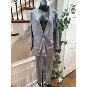 Royal Silk Womens Gray Single Breasted Top & Drawstring Trousers 2 Pcs Set Large